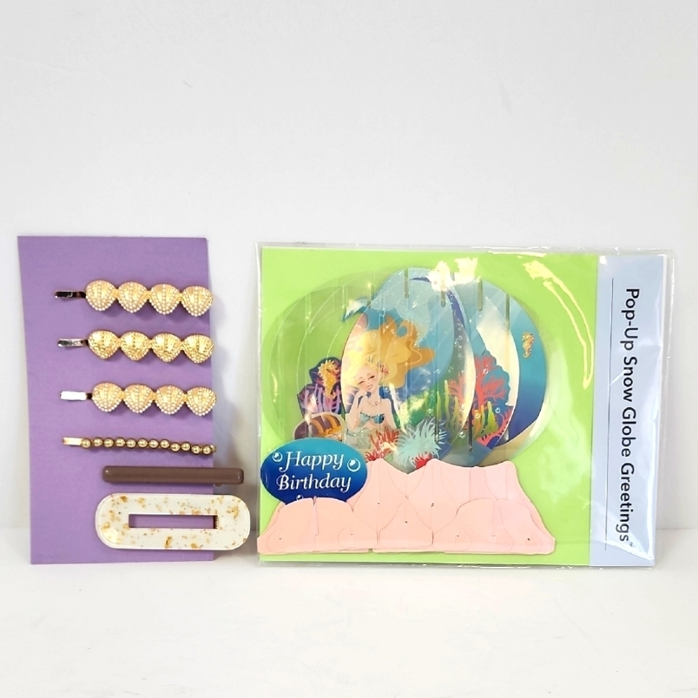 Greetings Birthday Card + 6x Ornate Hair Clips Pop-Up Snow Globe, NWOT.